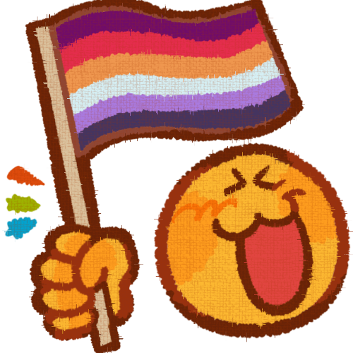 a yellow emoji looking excited , holding the lesboy flag .